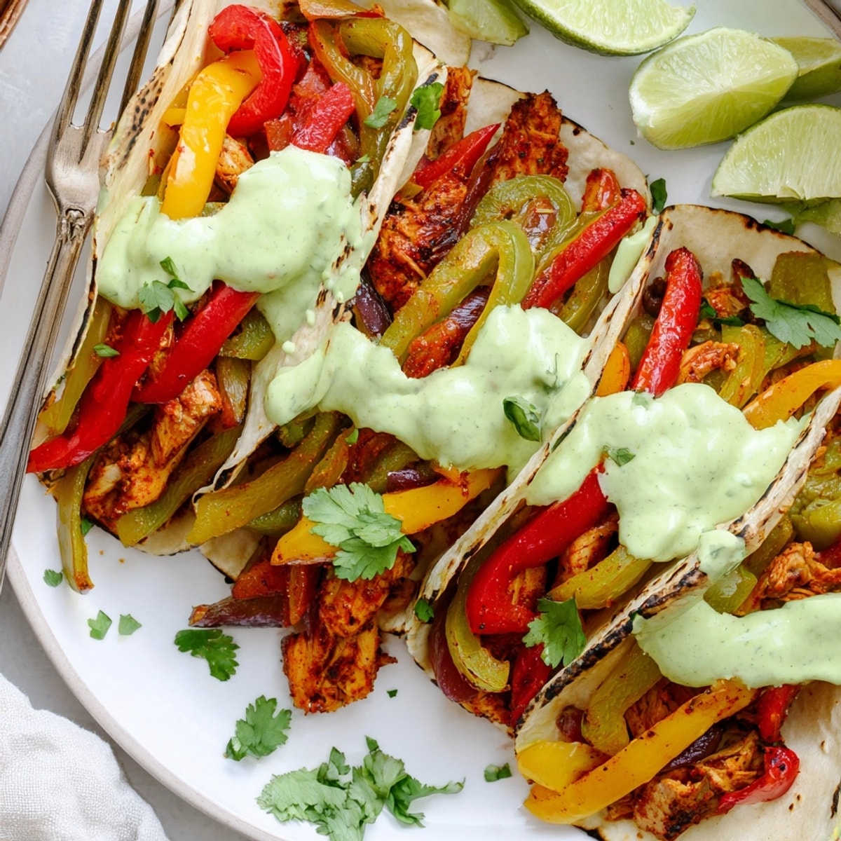 Sizzling Chicken Fajitas with Lime Crema: Chicken strips, vibrant peppers, and onions.