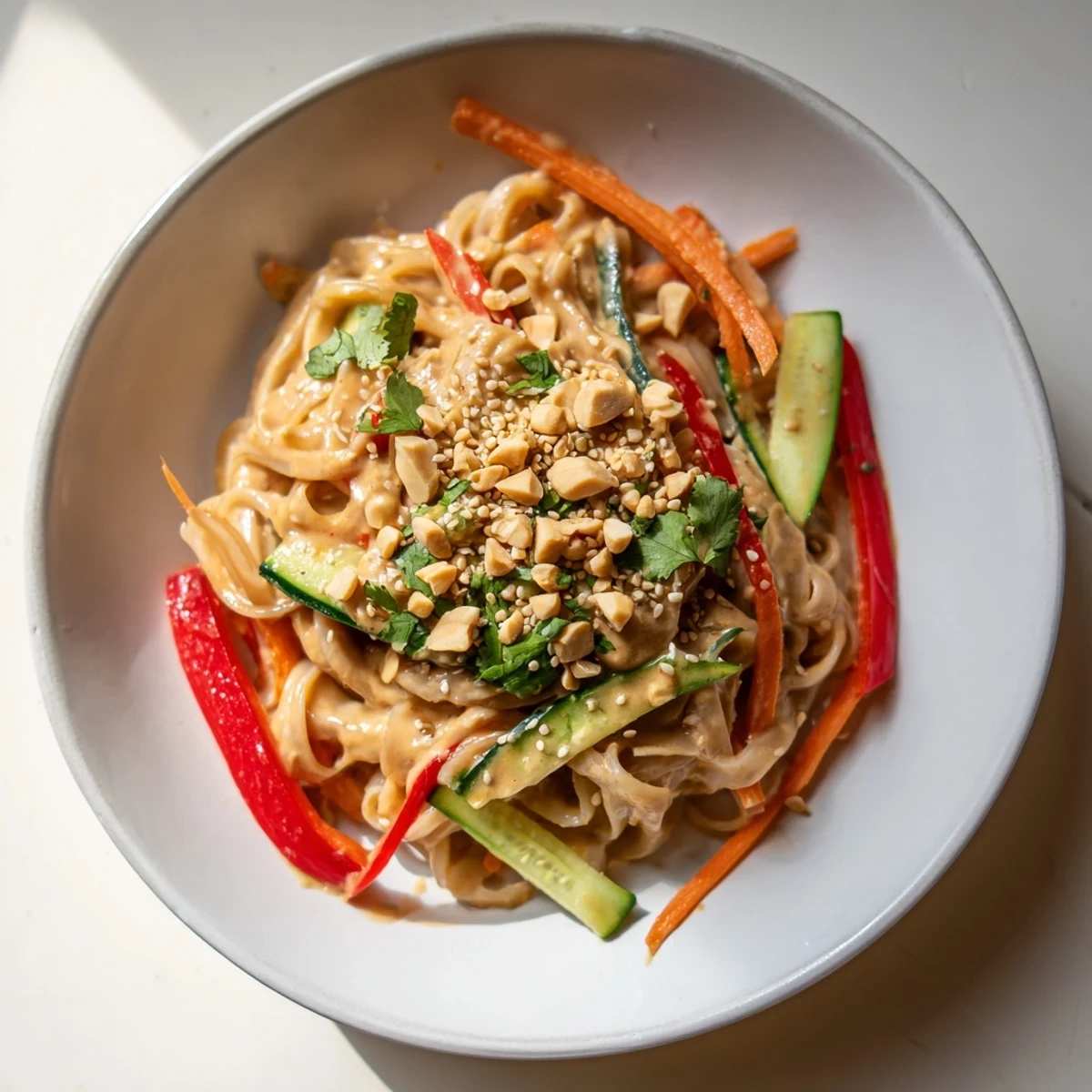 A colorful, close-up view of Spicy Peanut Noodle Salad with vibrant vegetables and a creamy dressing.