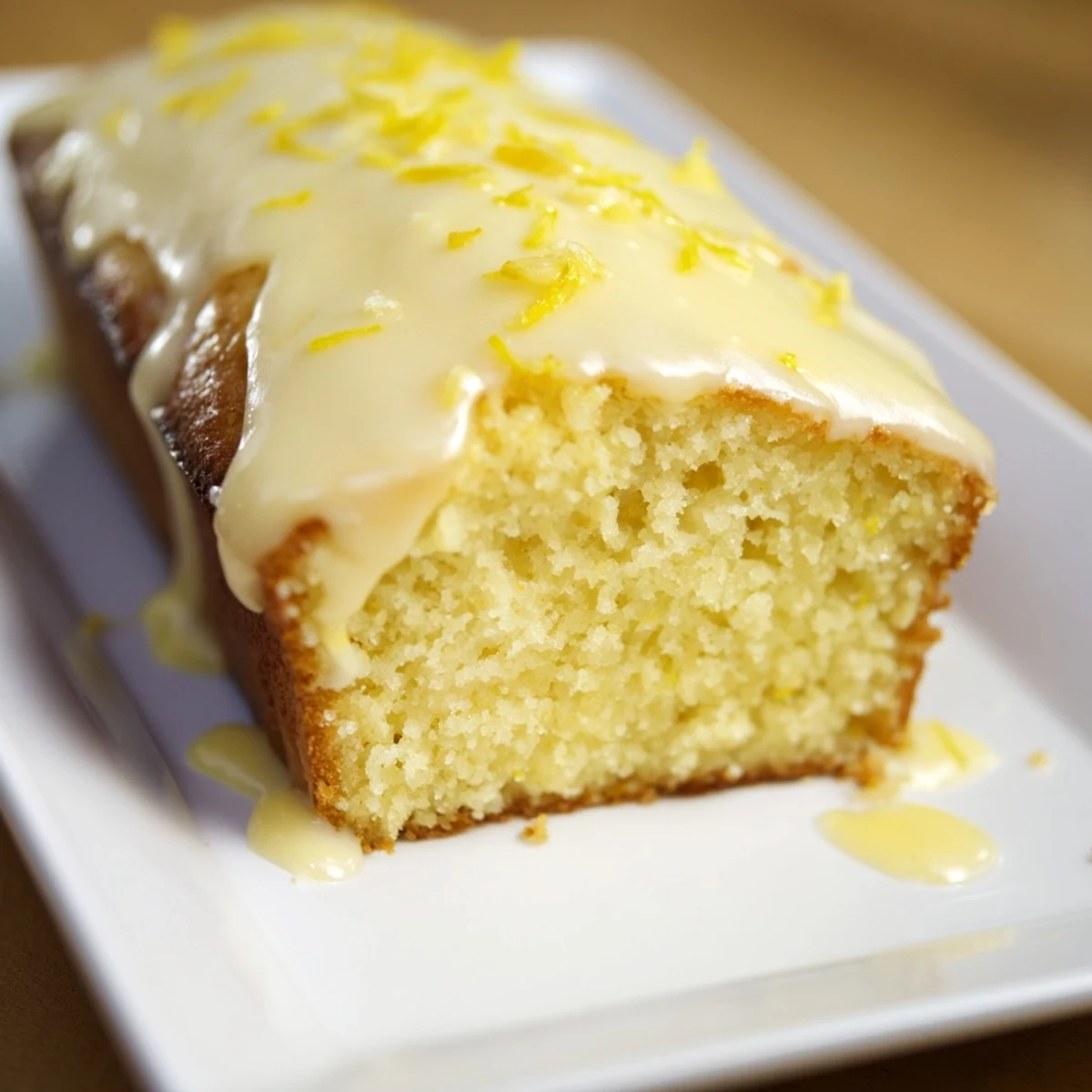 A slice of moist lemon loaf cake drizzled with sweet, glossy lemon icing.