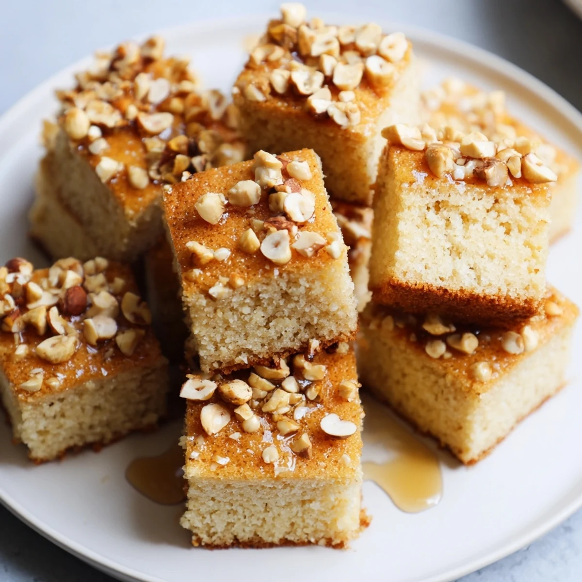 A plated view reveals Light Sweet Hazel Treats: Hazelnut and Honey Cake Squares, perfect for a dessert.