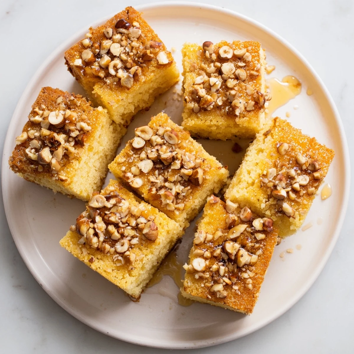 Close-up of Light Sweet Hazel Treats: Hazelnut and Honey Cake Squares, showing the toasted hazelnut topping.