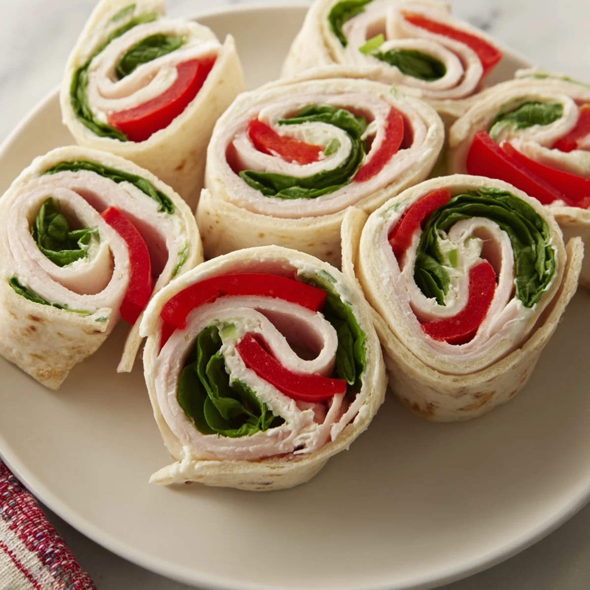 Freshly made turkey and provolone pinwheels feature visible layers of filling inside the rolled tortilla.