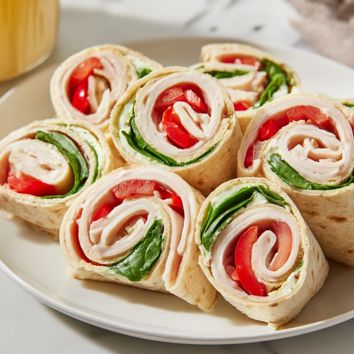 A close-up of colorful turkey and provolone pinwheels reveals a delightful party snack everyone loves.