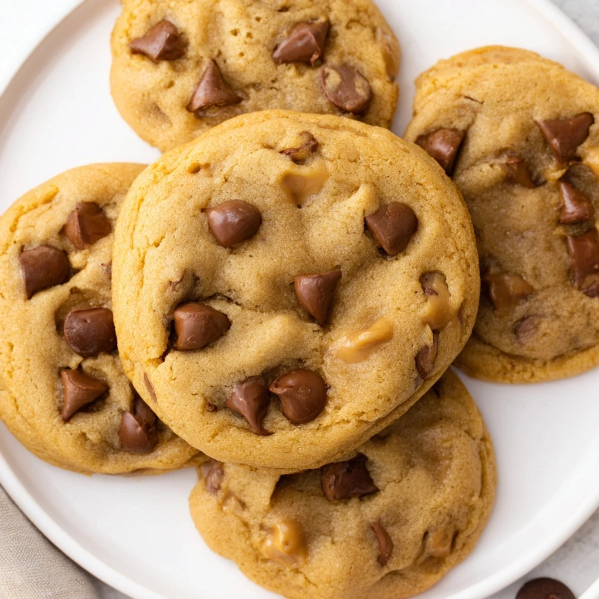 Plump, homemade Peanut Butter Chocolate Chip Cookies piled high on a plate, ready to enjoy with a glass of milk.