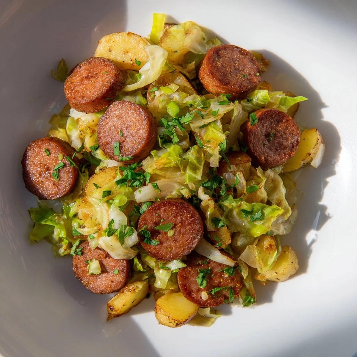 Smoky kielbasa and tender cabbage combine in this rustic skillet meal ready to serve!