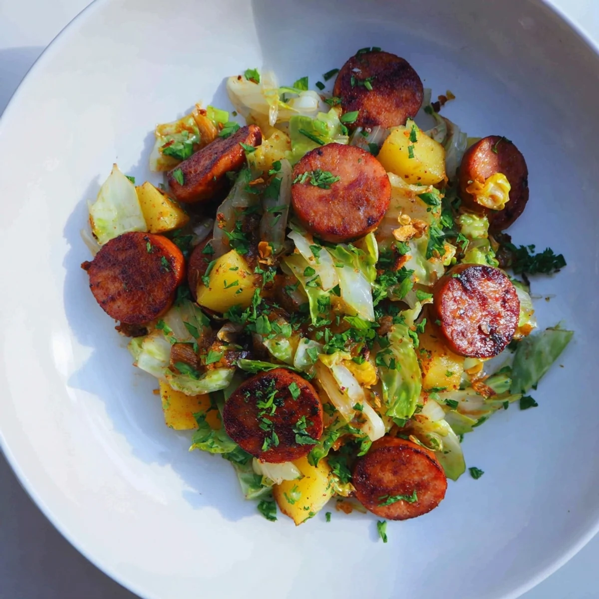 A delicious rustic Flint-Style skillet plate: kielbasa and cabbage hash, garnished with fresh parsley and mustard.