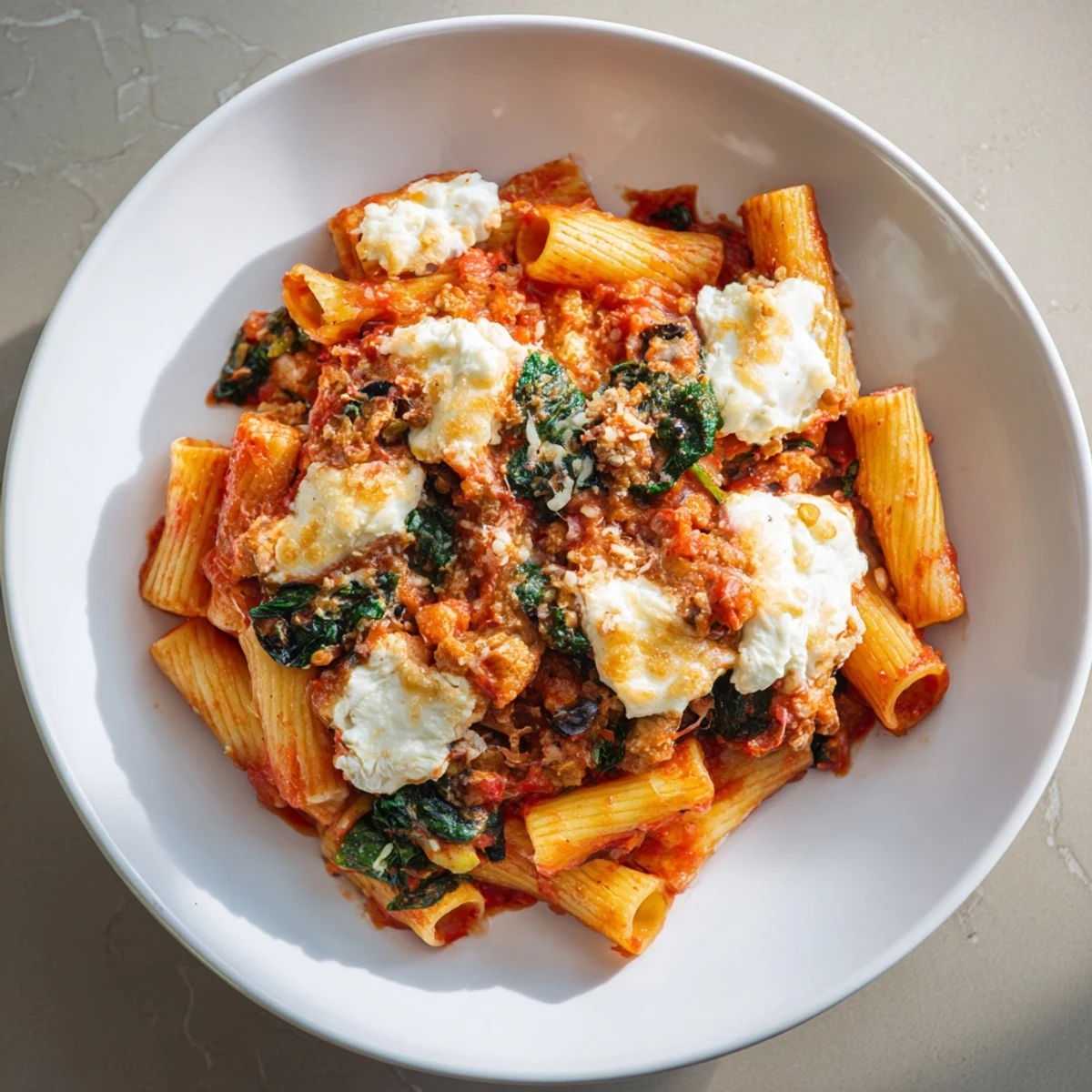 Steaming hot baked ziti with olives, ricotta, and melted mozzarella, ready to serve and enjoy.