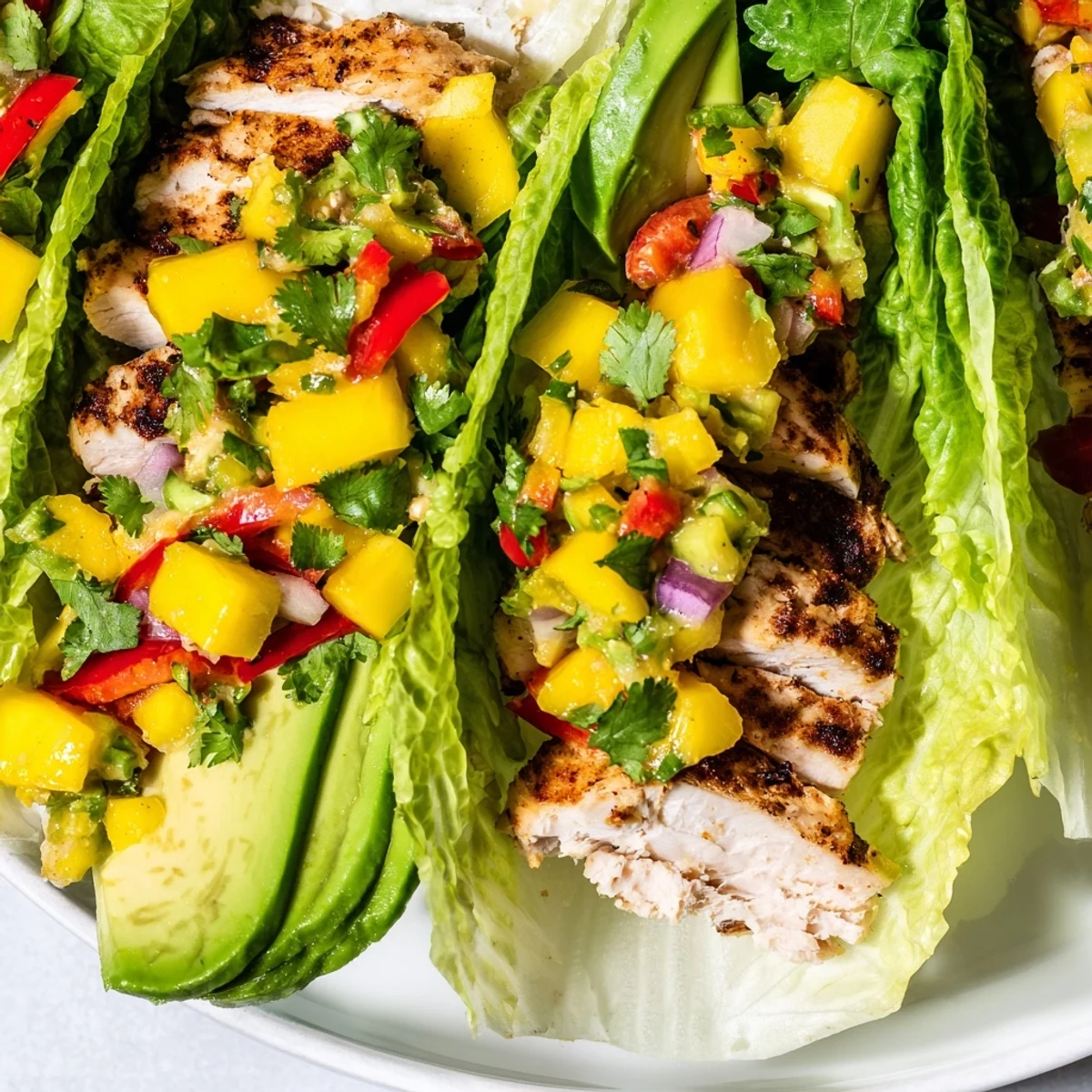 Grilled Chicken and Mango Salsa Lettuce Wraps, featuring vibrant mango salsa and sliced chicken.
