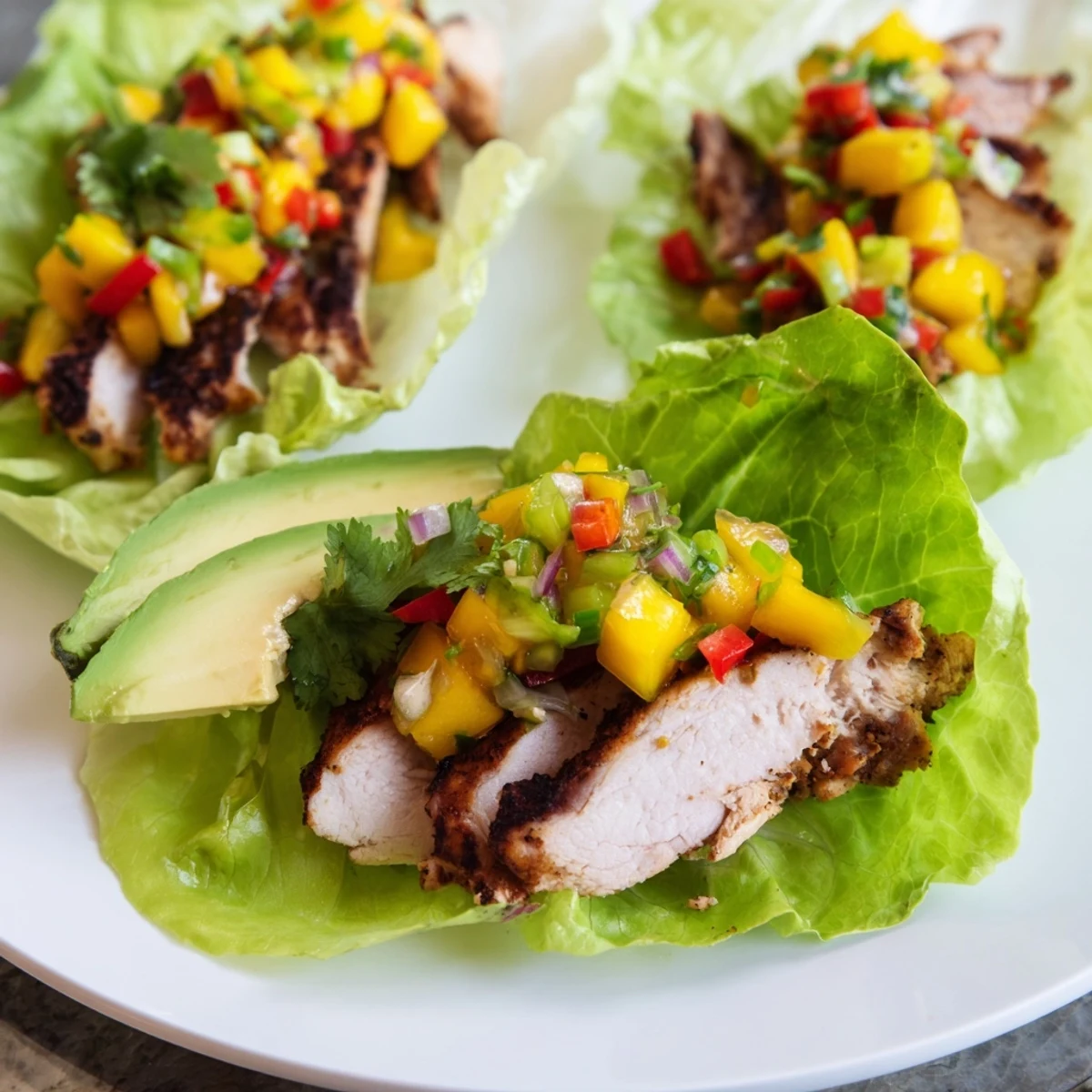 A close-up of Chicken and Mango Salsa Lettuce Wraps, offering a burst of fresh flavors in every bite.