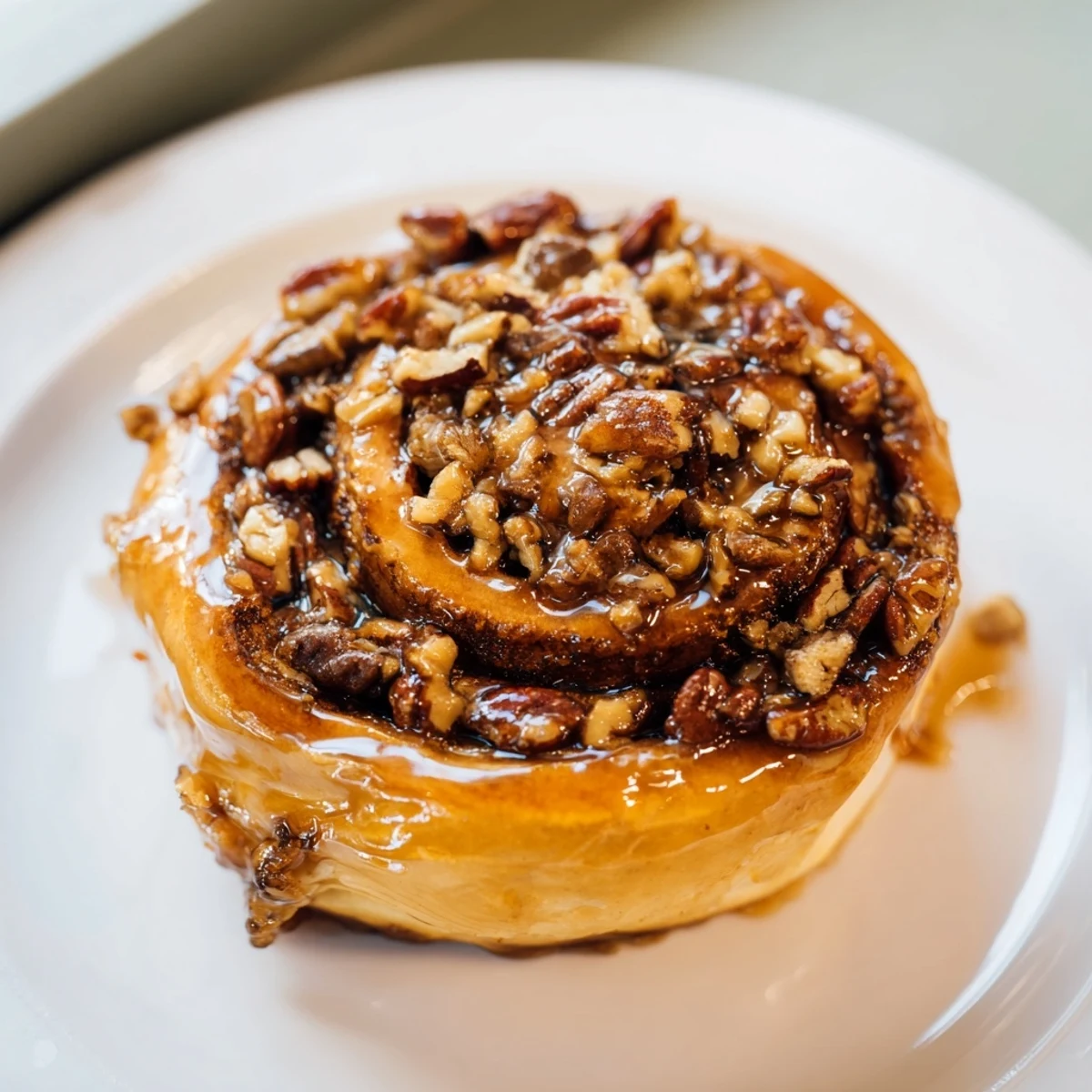Golden-brown Maple Pecan Sticky Buns glistening with a sweet, sticky maple glaze and chopped pecans.