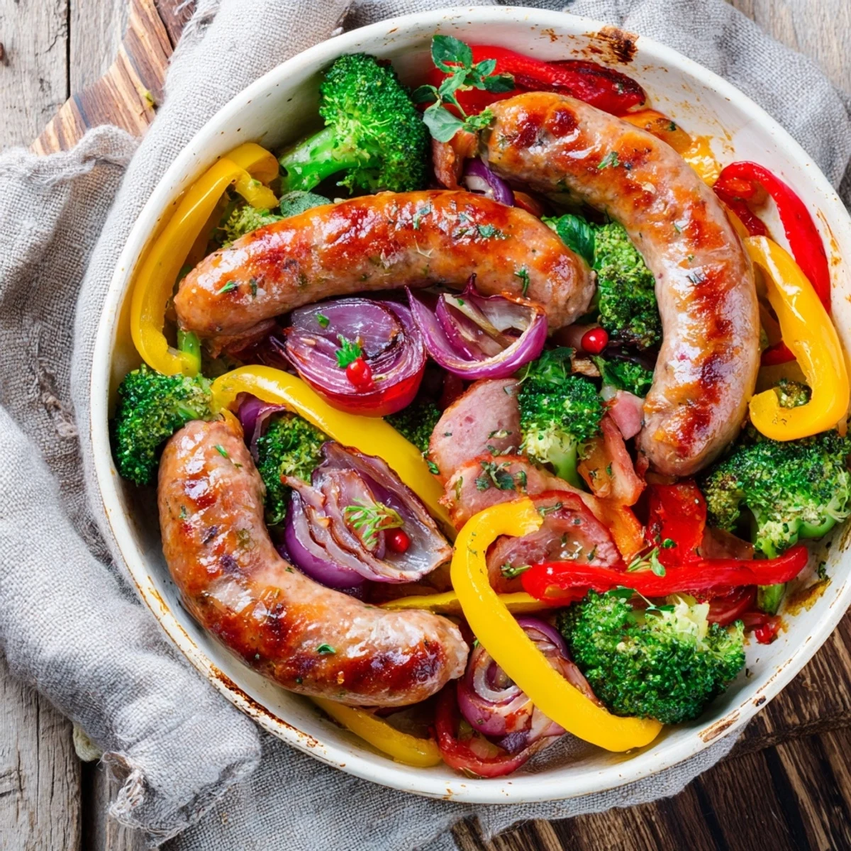 A delicious view of the Simple Rustic Sheet-Pan Sausage with bell peppers, onions and roasted broccoli.