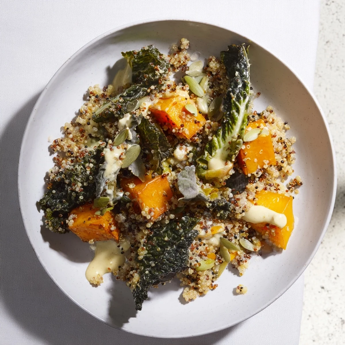 Vibrant Light Coastal Bowl with Fluffy Quinoa, Sweet Potatoes, and Kale, drizzled with lemon-tahini dressing.