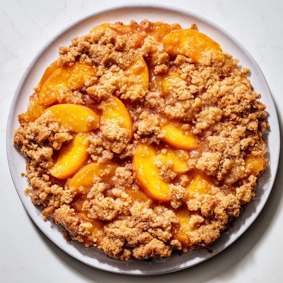 Warm Peach and Ginger Crumble, bubbly and golden, ready to scoop with ice cream.