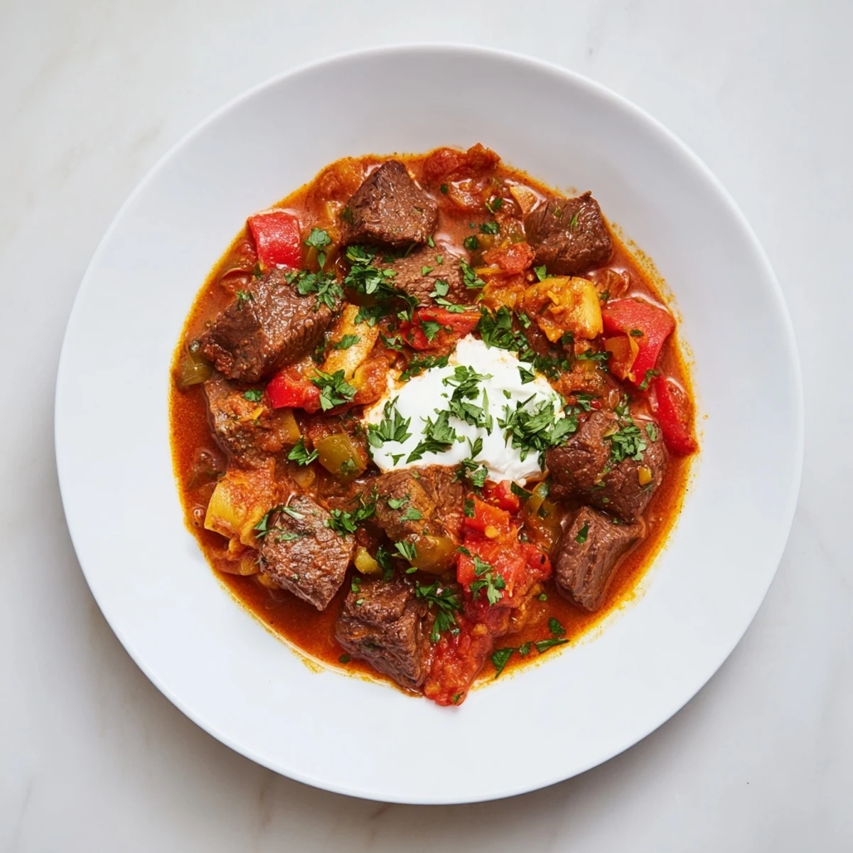 Steaming Hungarian goulash served over fluffy egg noodles, a rustic, comforting classic.