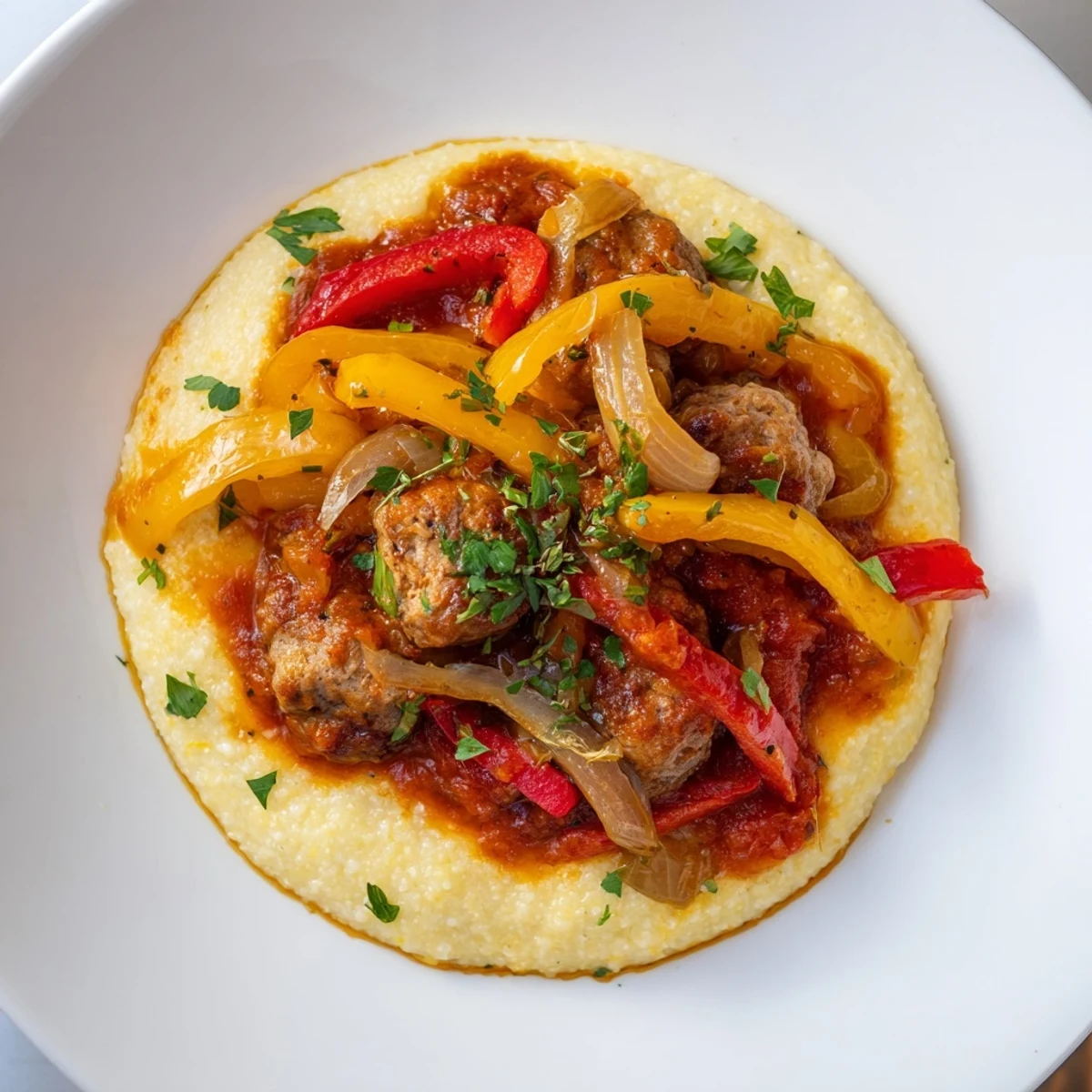 Sizzling Herb-Cozy Skillet Sausage and Peppers atop golden polenta, ready for a comforting bite.