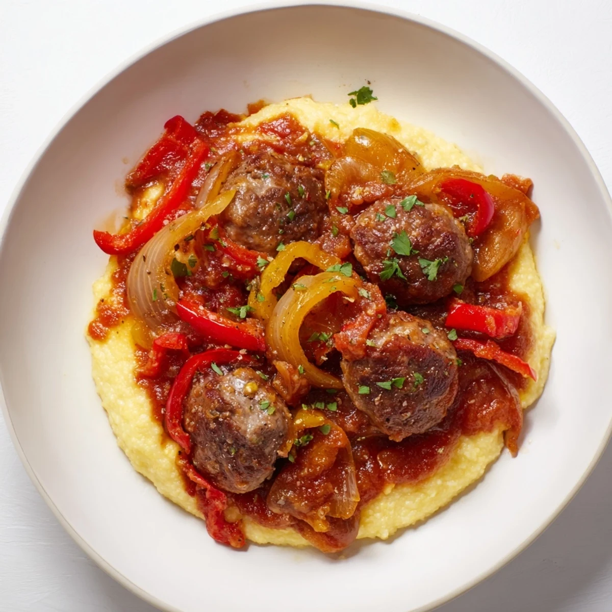 A flavorful close-up of Herb-Cozy Skillet Sausage and Peppers, with vibrant peppers over creamy polenta.
