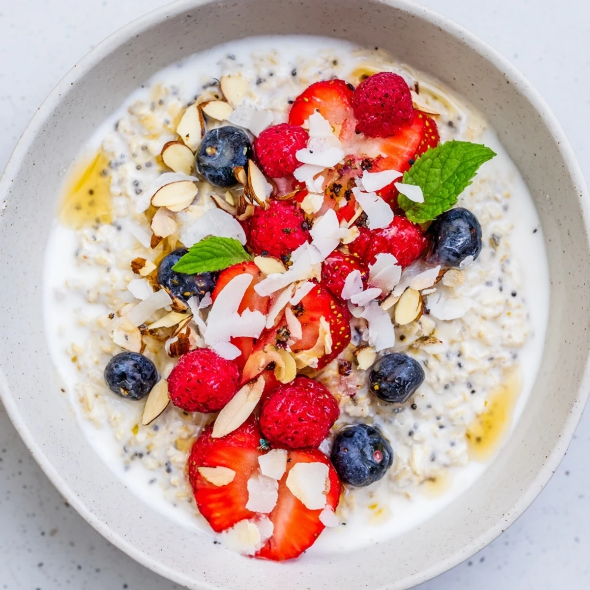 Creamy Overnight Oats with Berries and Honey, topped with jewel-toned berries, ready to cool you down.