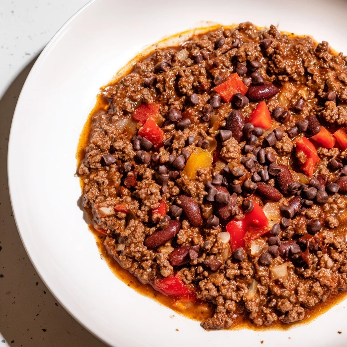 A hearty bowl of this One-Pot Cozy Chocolate Chili, garnished and ready to be enjoyed.