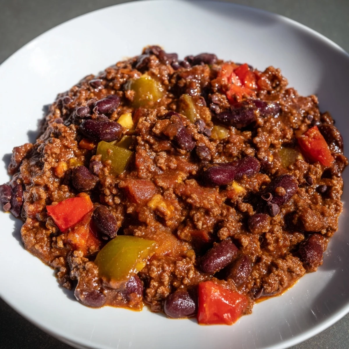 Steaming One-Pot Cozy Chocolate Chili, rich with ground beef, beans, and the unique cocoa nibs flavor.