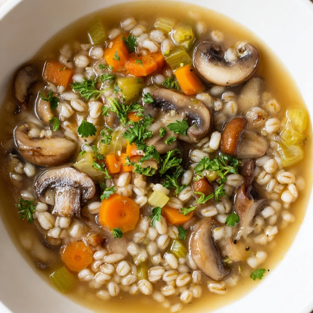 Steaming bowl of rich, rustic Wild Mushroom and Barley Soup, garnished with fresh parsley, perfect for a cozy supper.