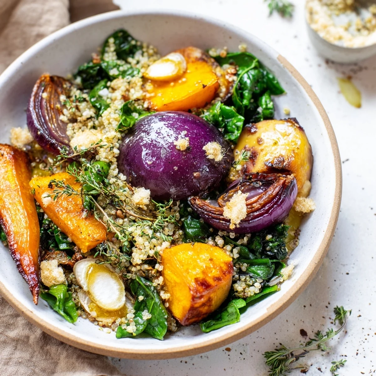 A warm Herb Bowl of roasted vegetables, with thyme and tarragon, ready to eat.