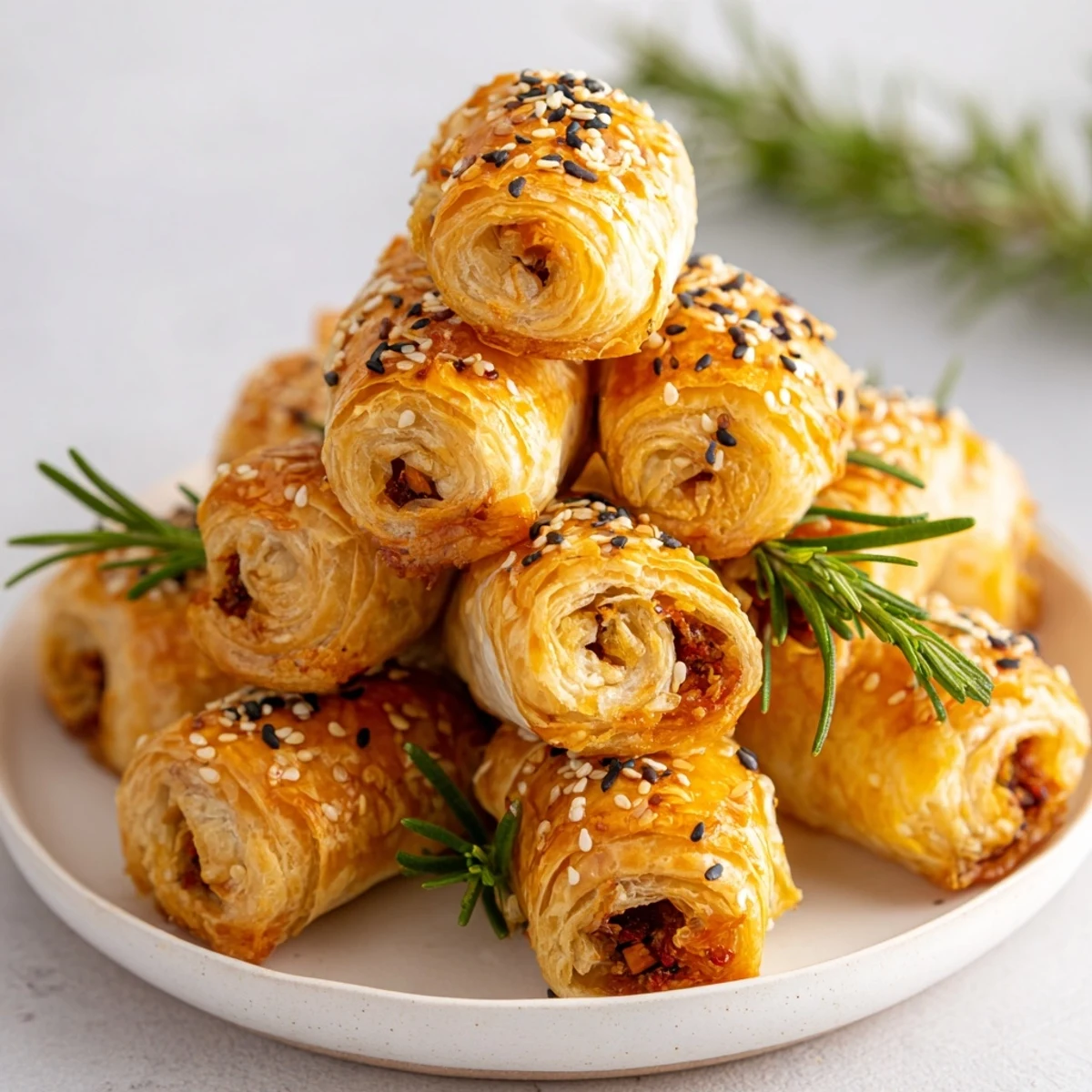 Golden, flaky Savory Bites: Mini Sausage Roll Christmas Tree, ready to eat, with rosemary and a tomato tree topper.