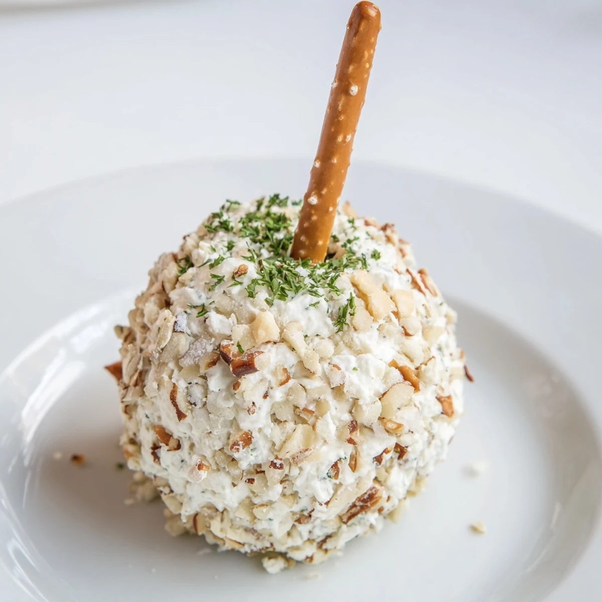 A close up of the creamy, savory Champagne cork cheese balls, garnished with fresh herbs.