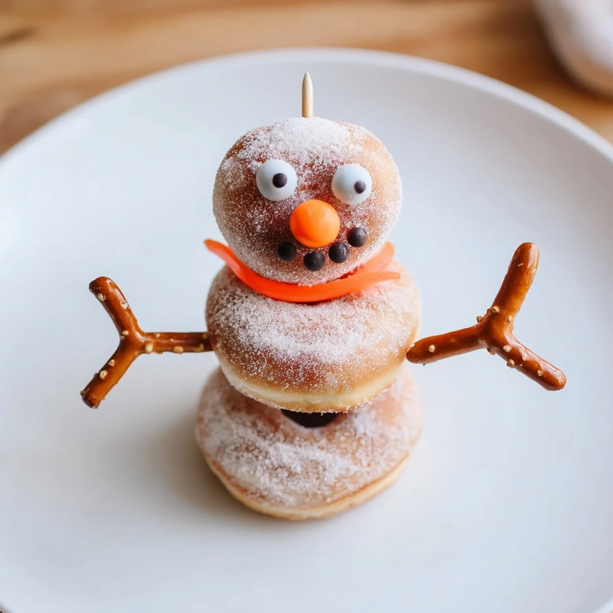 Mini donut snowman stacks: whimsical, no-bake winter dessert with powdered sugar donuts and orange noses.