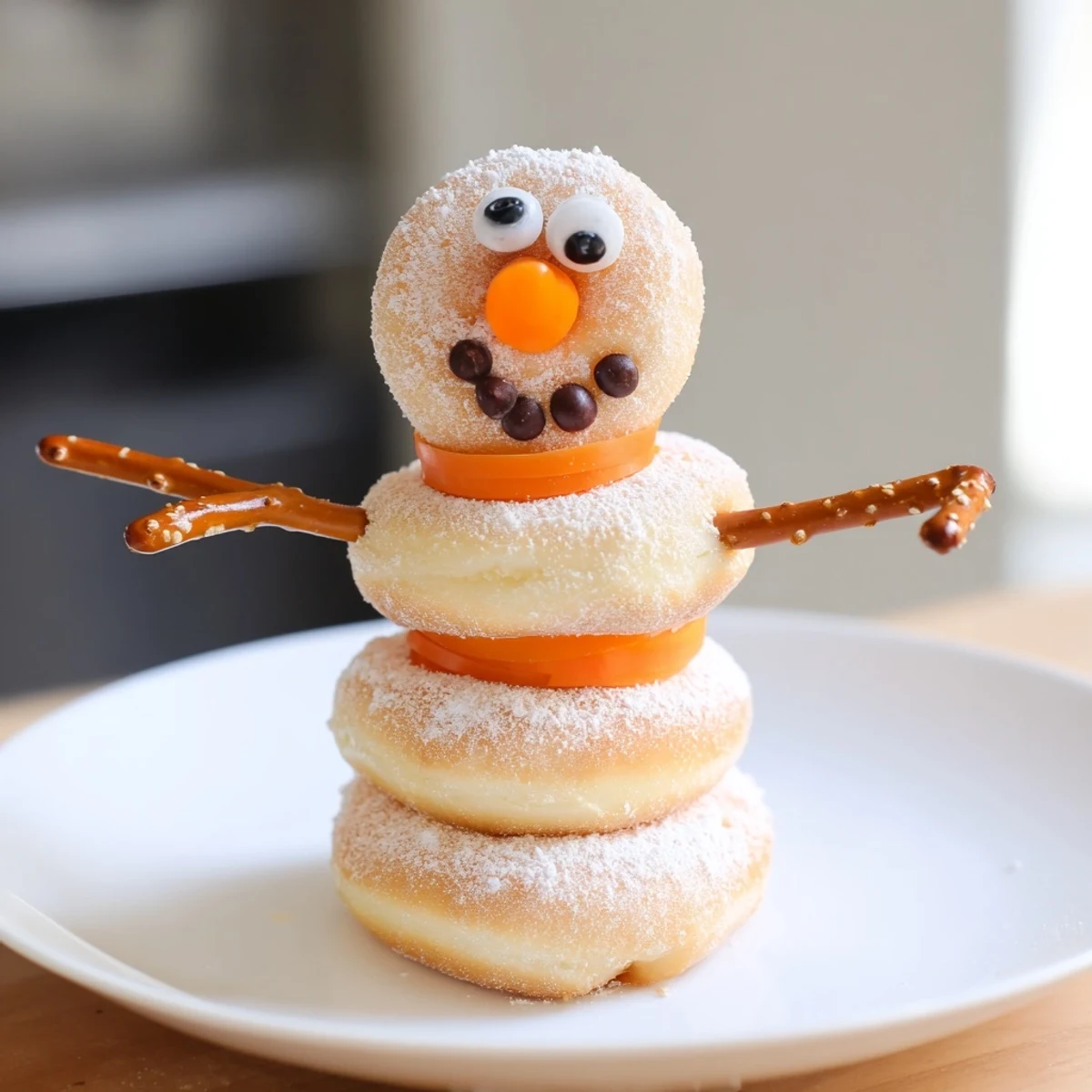 Easy mini donut snowman recipe, perfectly stacked with pretzel arms, ready for a kid-friendly holiday treat.