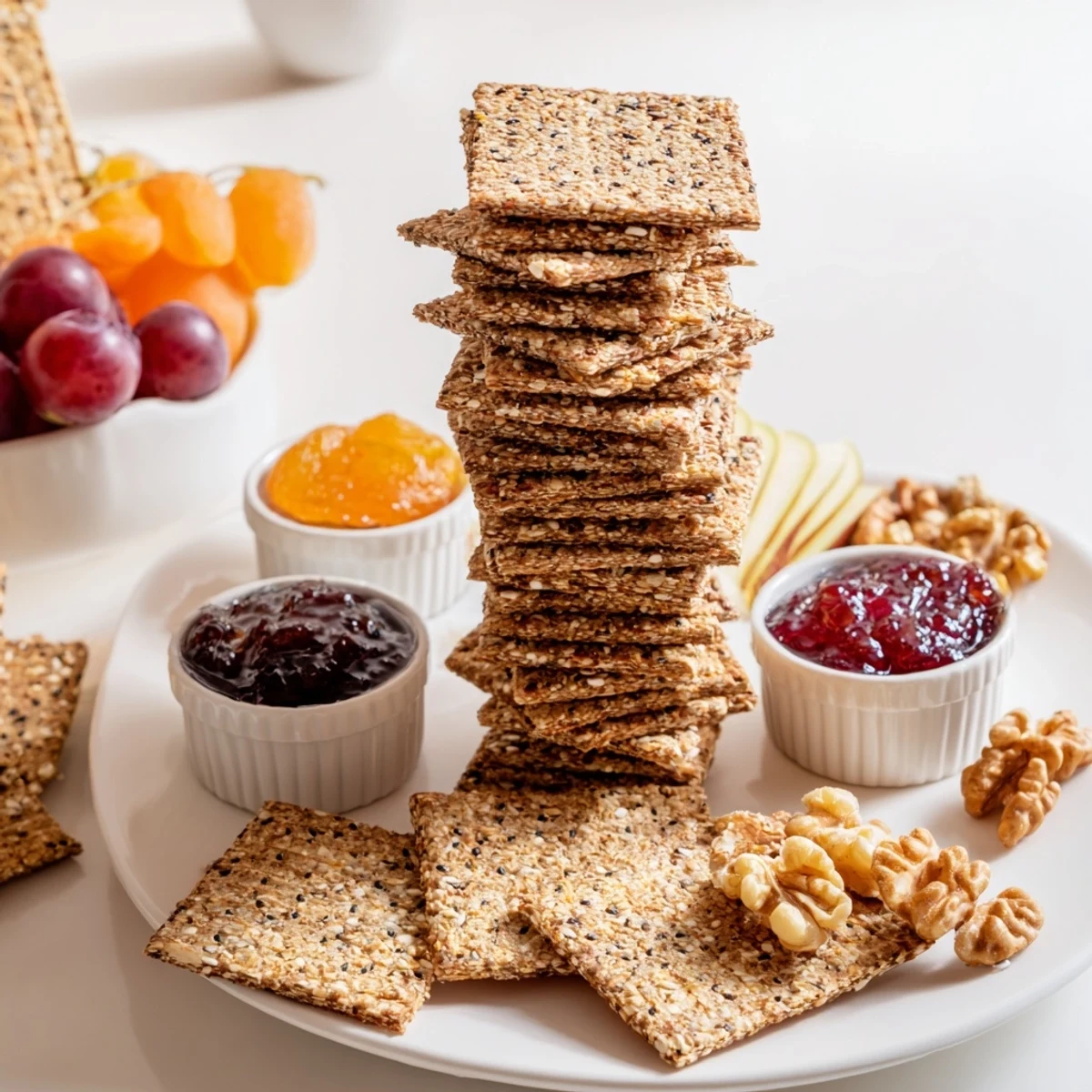 A towering Gourmet Crackers arrangement with fig jam, perfect for an elegant appetizer platter.