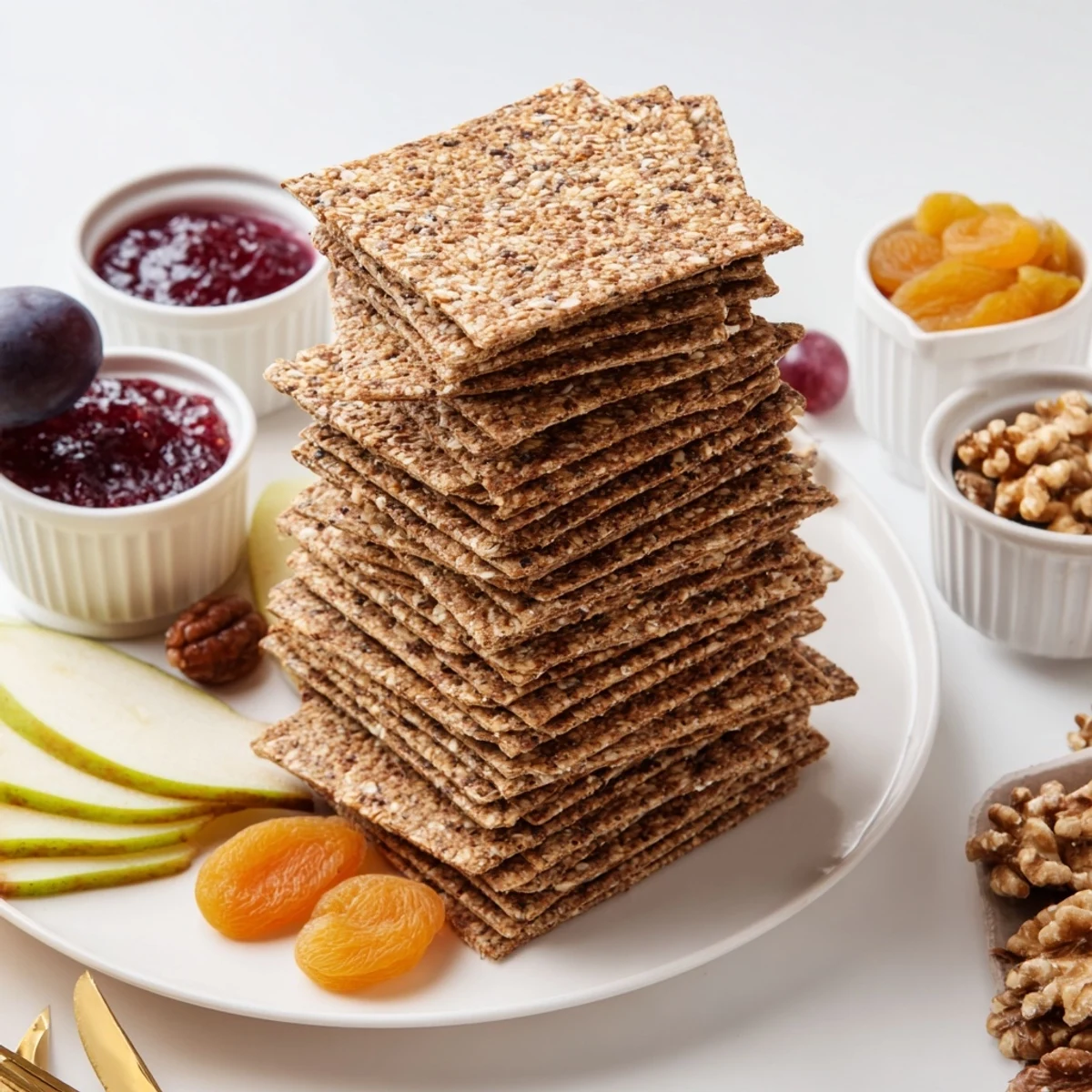 Stacked assorted Gourmet Crackers, grapes, and preserves combine for a visually stunning appetizer presentation.
