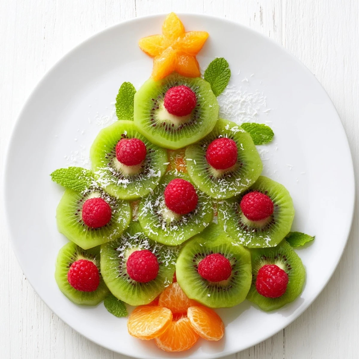 A vibrant Kiwi and Raspberry Christmas tree fruit plate, ready to serve with refreshing, juicy kiwi and sweet raspberries.