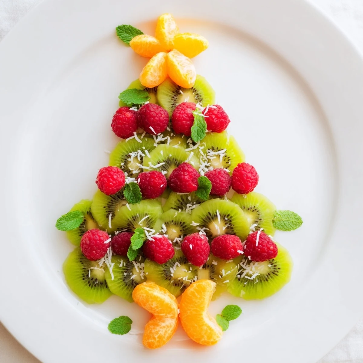 This festive Kiwi and Raspberry Christmas tree showcases bright green kiwi and red raspberries, a healthy holiday appetizer.
