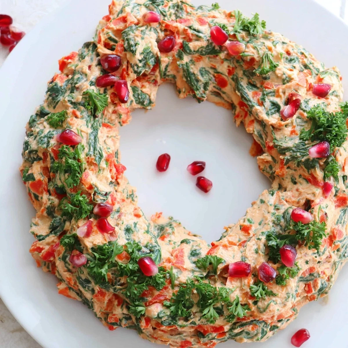 Festive red pepper and spinach dip wreath adorned with parsley and pomegranate, perfect for a party appetizer.