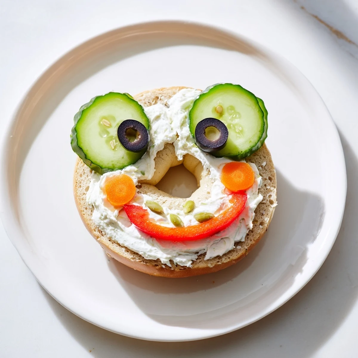 Snowman mini bagel sandwiches, fun and festive with olive eyes, carrot noses, and pepper scarves.