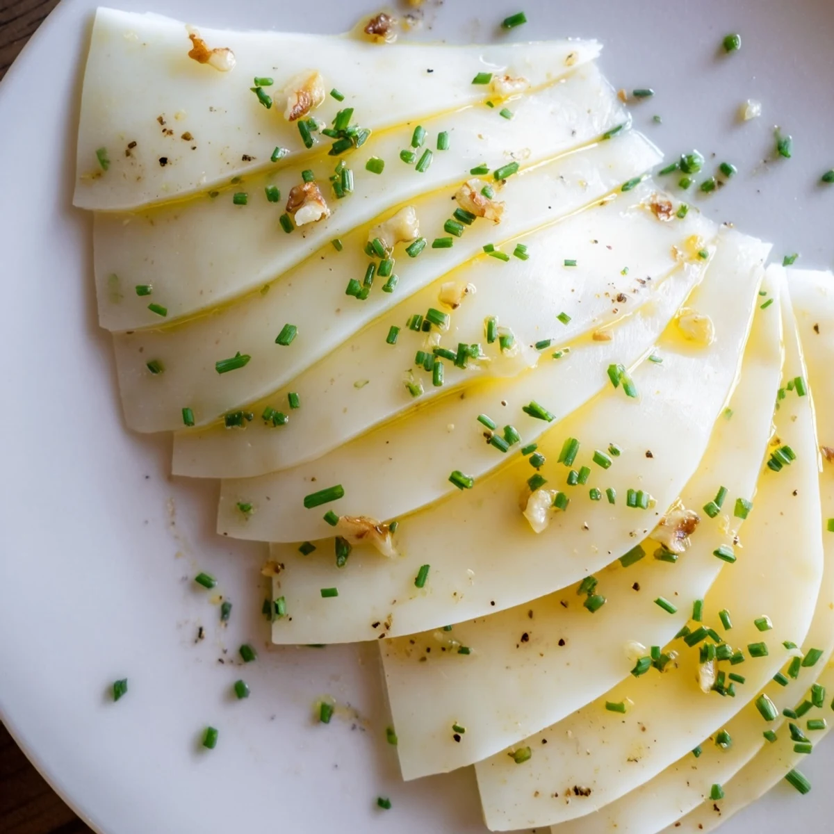 Artfully fanned Swiss cheese slices, a simple appetizer ready to serve with honey drizzle.