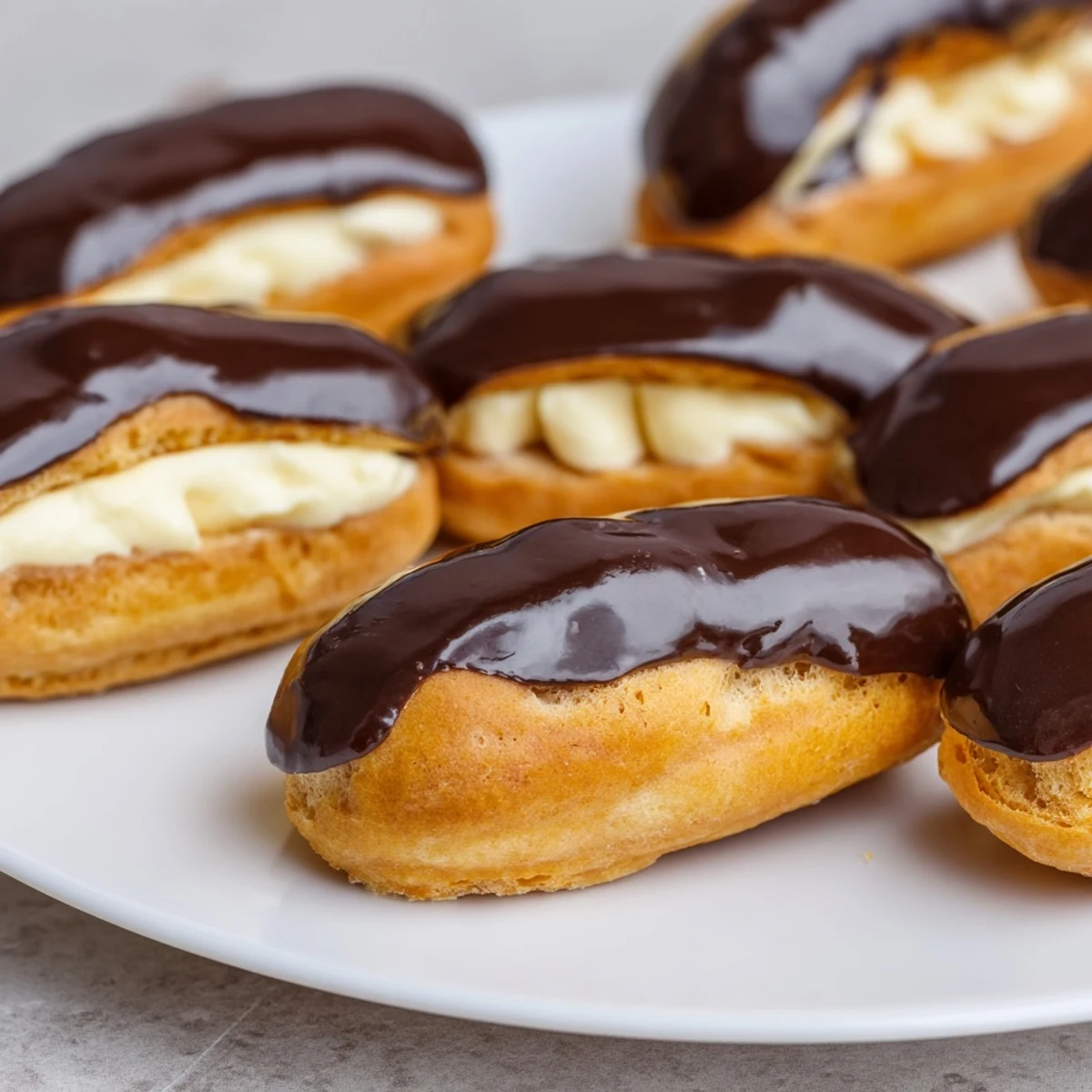 Mini chocolate éclairs: rows of golden, baked choux pastry filled with creamy vanilla custard.