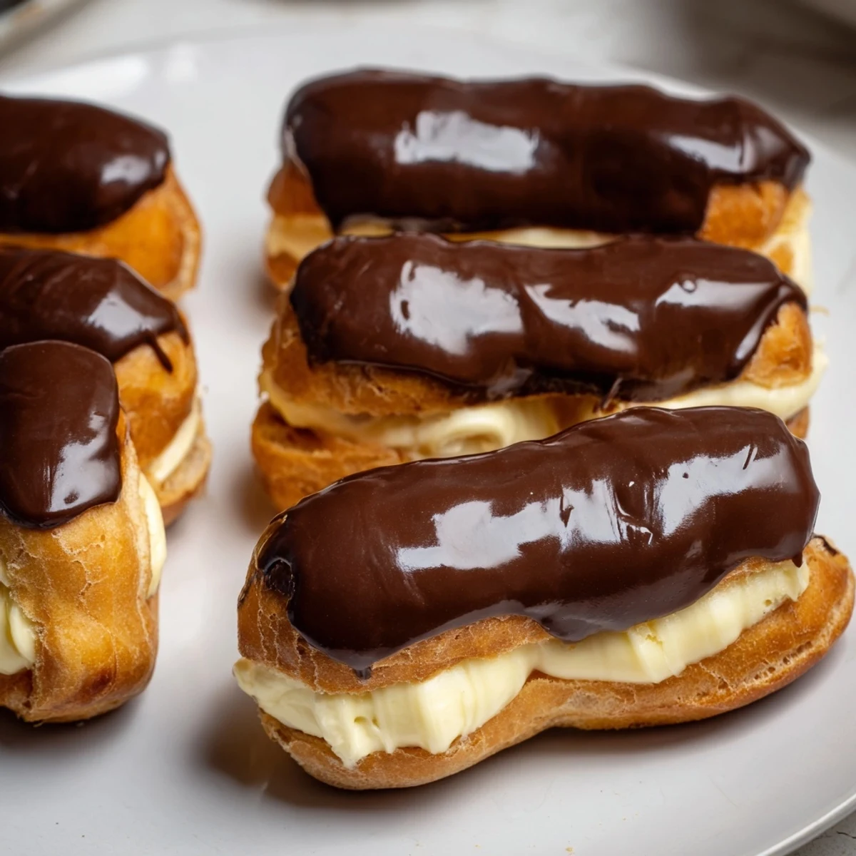 Perfectly glazed mini chocolate éclairs arranged on a plate await bite; a French dessert dream!