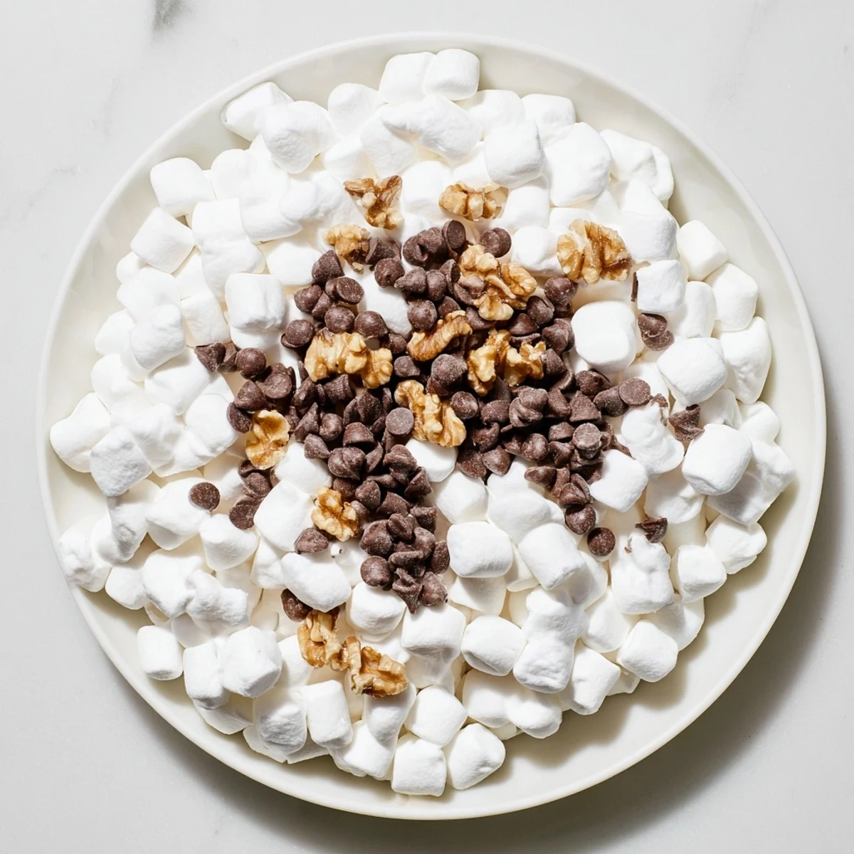 Warm and gooey, a close-up shows this dessert: Chocolate Chips and Mini Marshmallows Heap, ready to eat!