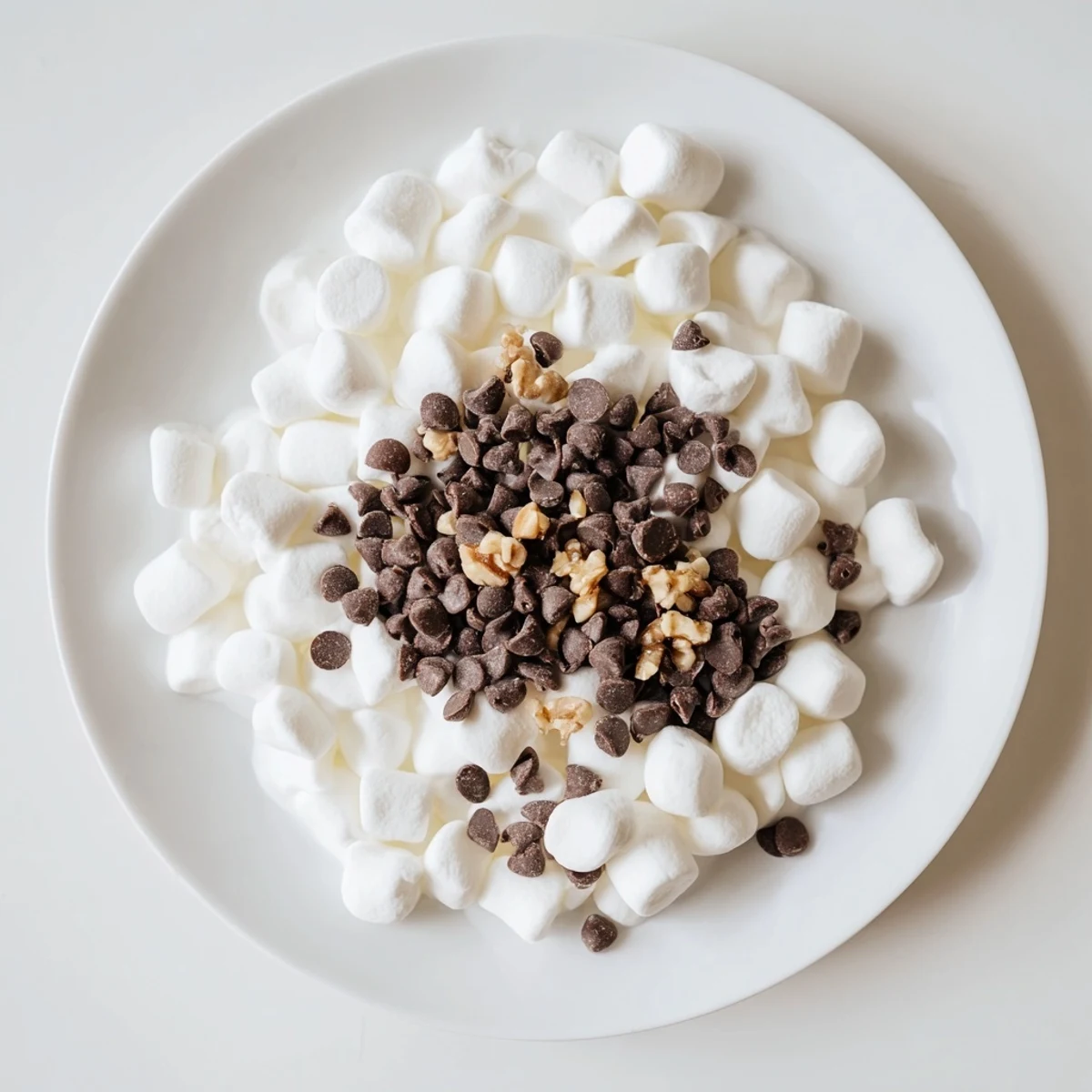 A delicious quick dessert—Chocolate Chips and Mini Marshmallows Heap—with a melty dark chocolate texture.