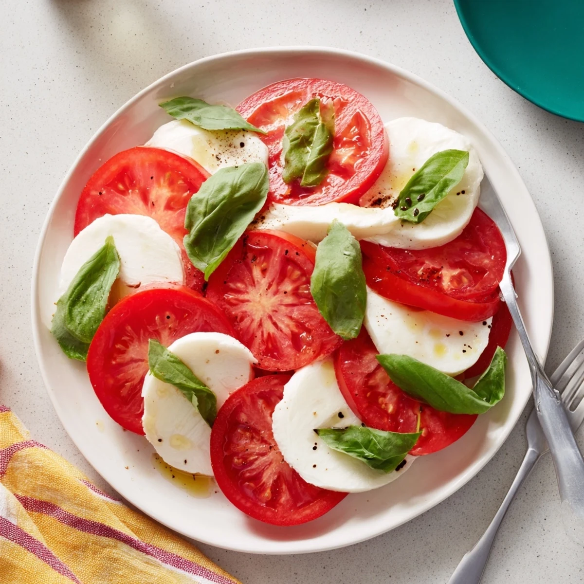 Bright red sliced tomatoes and creamy mozzarella rounds, a classic Caprese appetizer.
