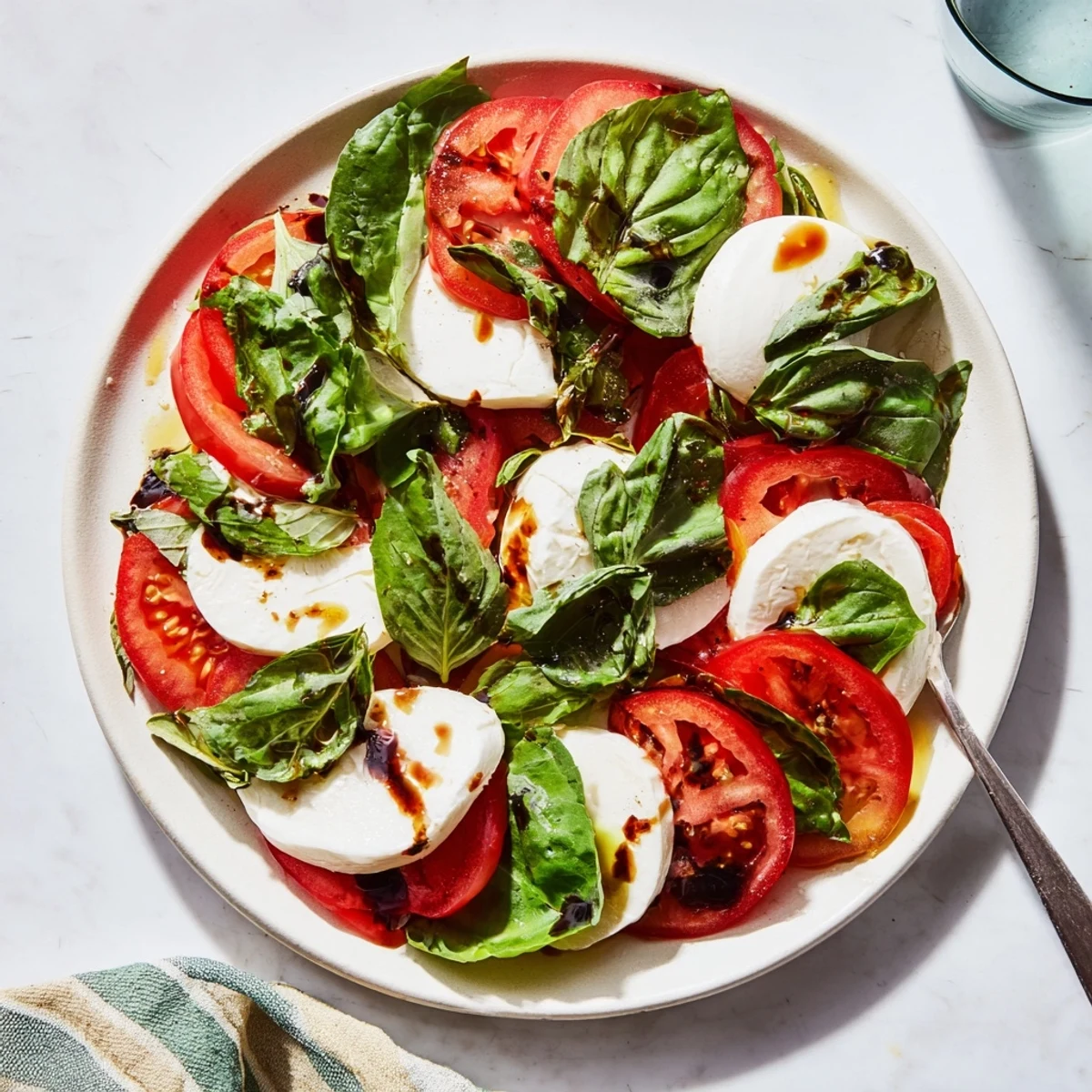 Close-up of juicy sliced tomatoes and mozzarella rounds, drizzled with olive oil, ready to serve this easy dish.