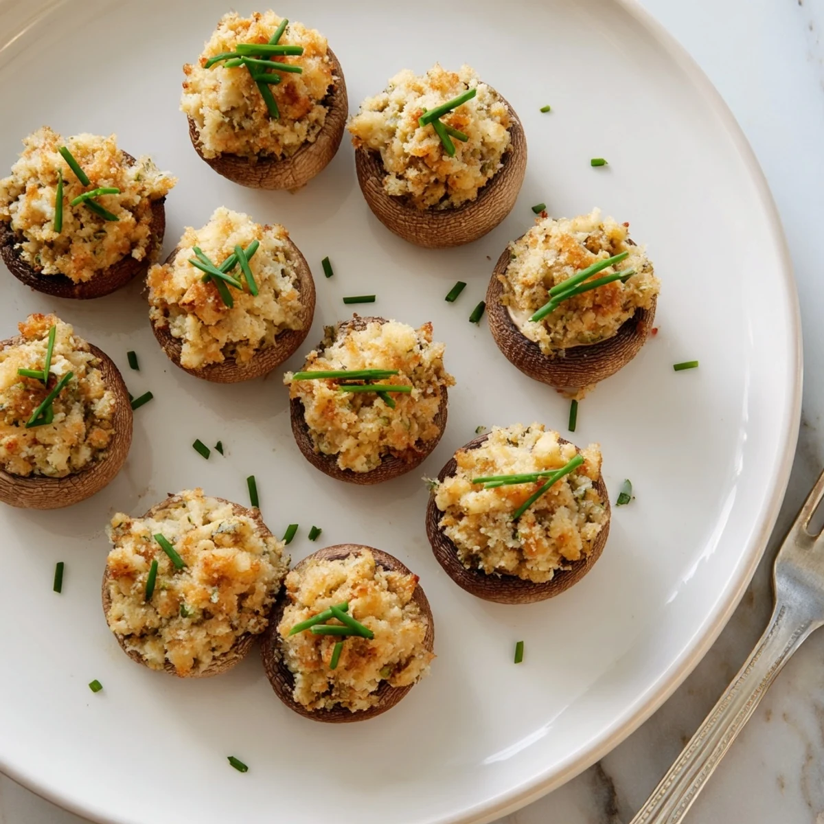 Savory Stuffed Mushroom Caps, baked to perfection, with a creamy, herbed cheese filling and breadcrumbs.