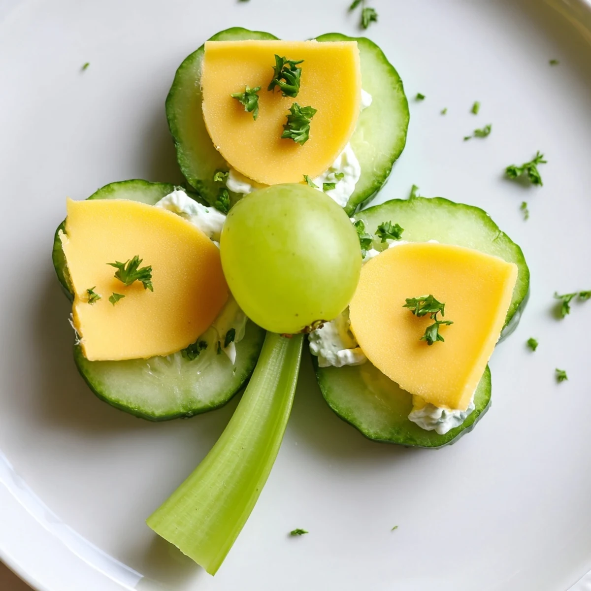 Vibrant Lucky Four-Leaf Clover Snack arranged with cucumber, cheese, and a fresh green grape center.