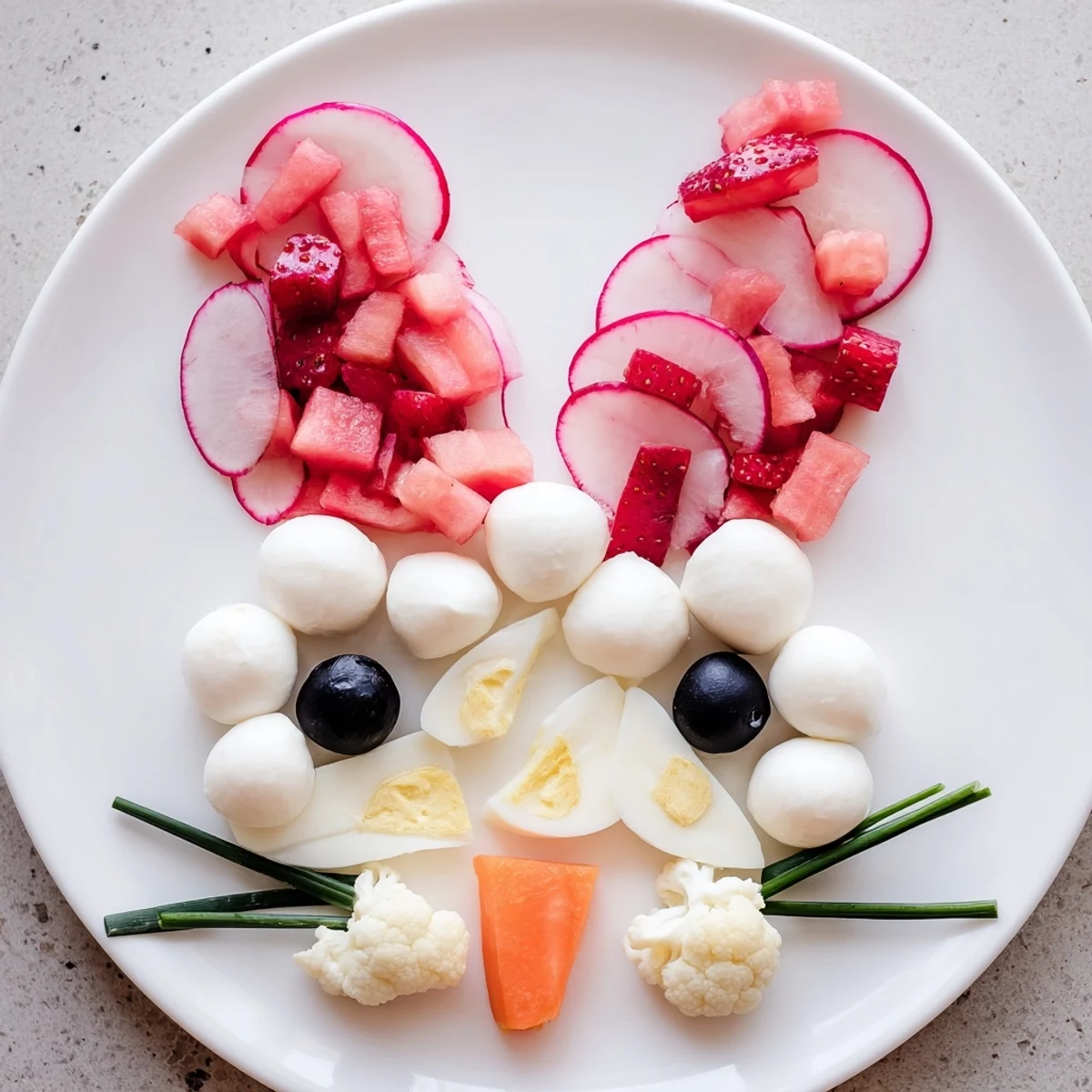 Vibrant Bunny Silhouette appetizer: a beautiful, colorful food arrangement with strawberries and cheese.