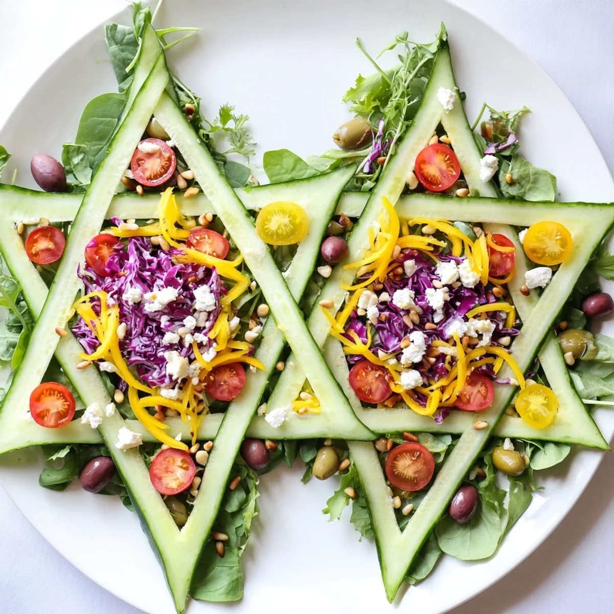 Vibrant Star of David Salad Platter with colorful vegetables, perfect for a Hanukkah appetizer.