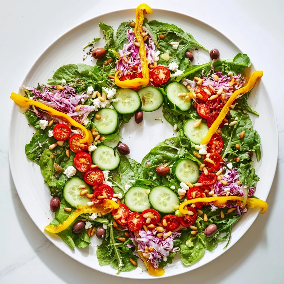 A festive Star of David Salad Platter, featuring glistening feta and Kalamata olives, ready to serve.