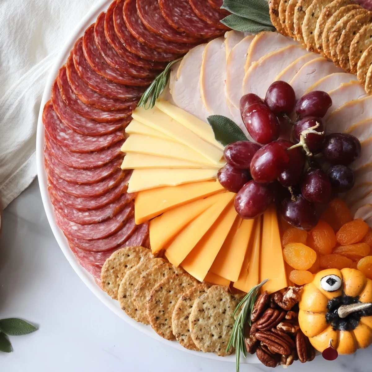 Delectable Turkey Tail Fan charcuterie board with sliced meats, cheeses, and colorful fruit, ready to serve.