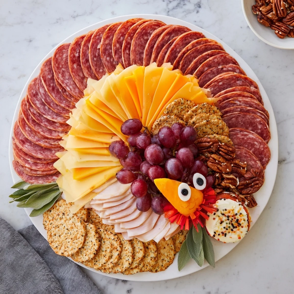 Thanksgiving-themed Turkey Tail Fan charcuterie board, artistically arranged with crackers and festive garnishes.