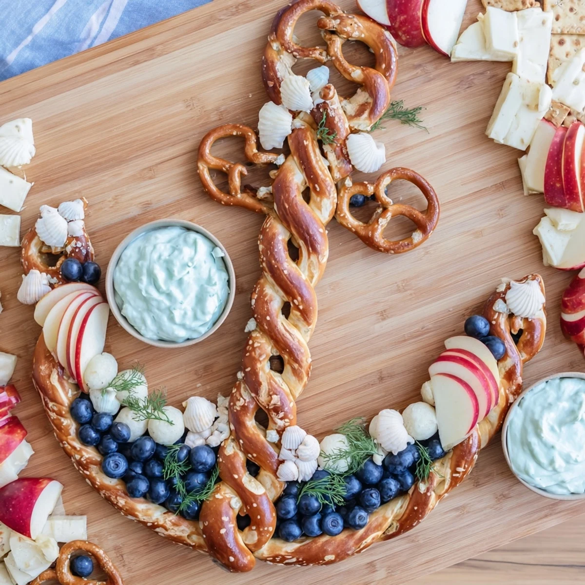 A vibrant Anchor Maritime Board features snacks like fresh grapes, pretzels, and creamy blue cheese.